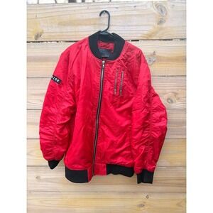 Bleecker & Mercer Mens XL Red Bomber Jacket Resistor Patch Quilted Lining NX642